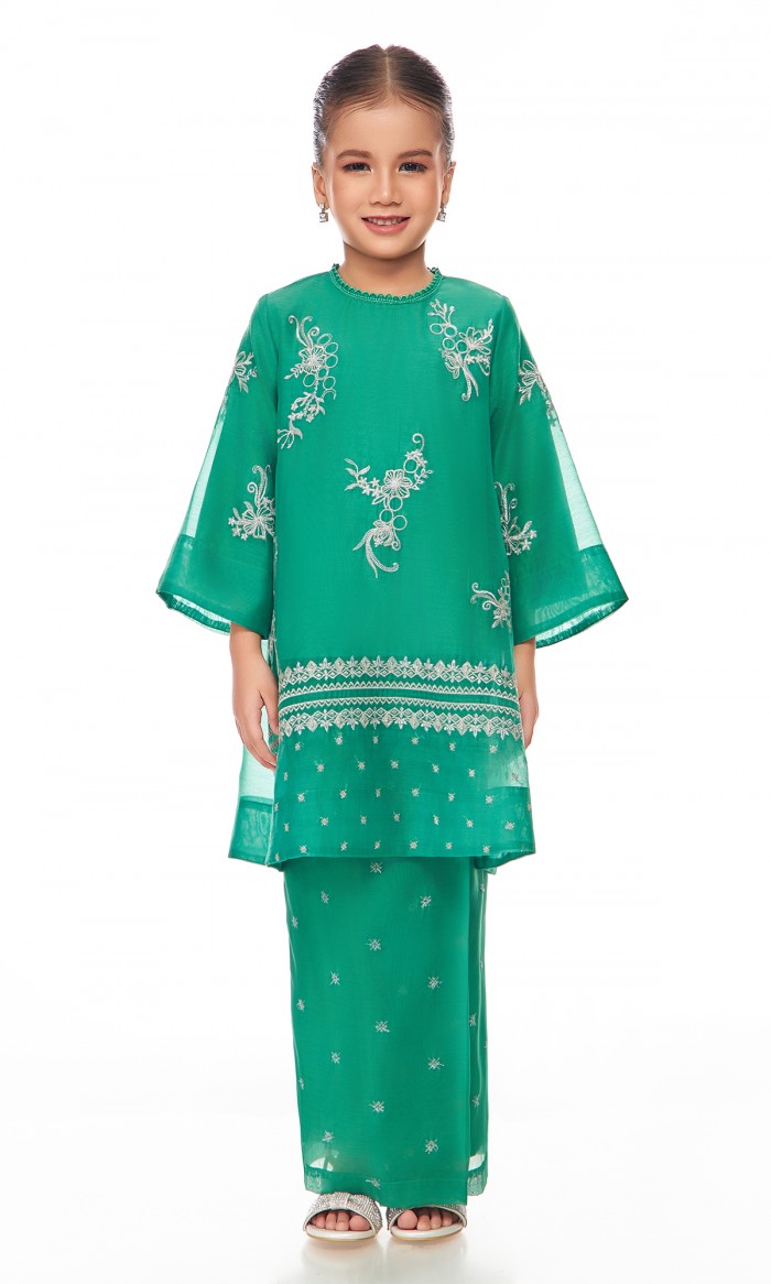 Fatheera Kurung Kids in Viridian Green